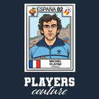 Michel Platini 1982 World Cup Sticker Men's T-Shirt – navy close-up detail shot of the Michel Platini 1982 World Cup Players