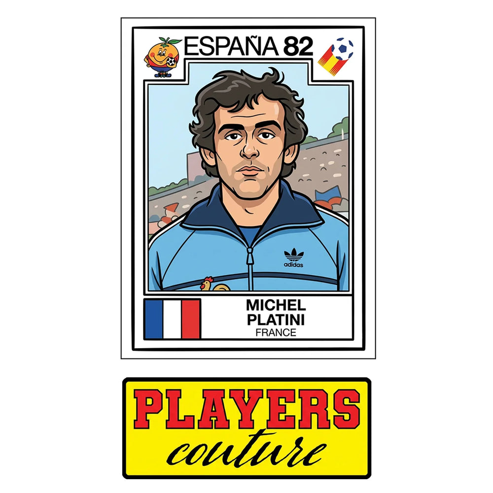 Michel Platini 1982 World Cup Sticker Men's T-Shirt – close-up detail shot of the Michel Platini 1982 World Cup Players