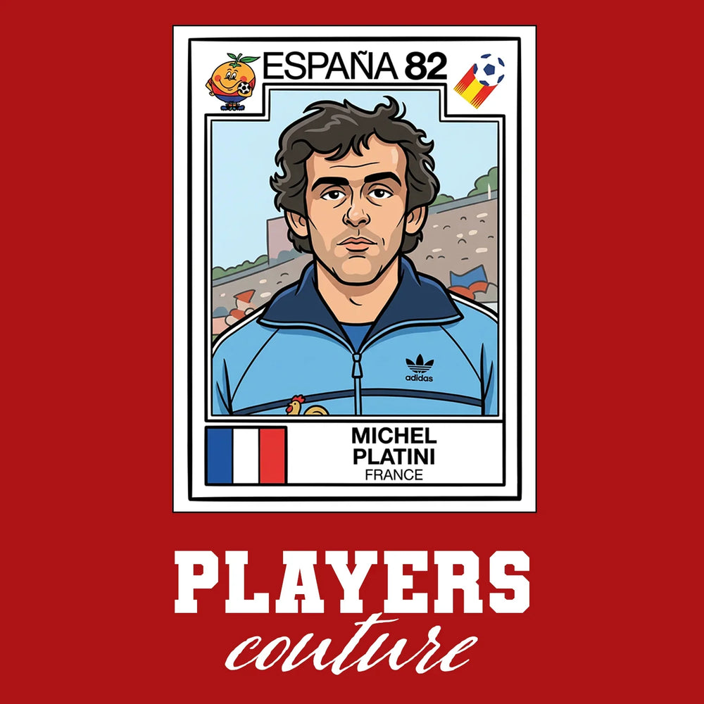 Michel Platini 1982 World Cup Sticker Men's T-Shirt – red close-up detail shot of the Michel Platini 1982 World Cup Players