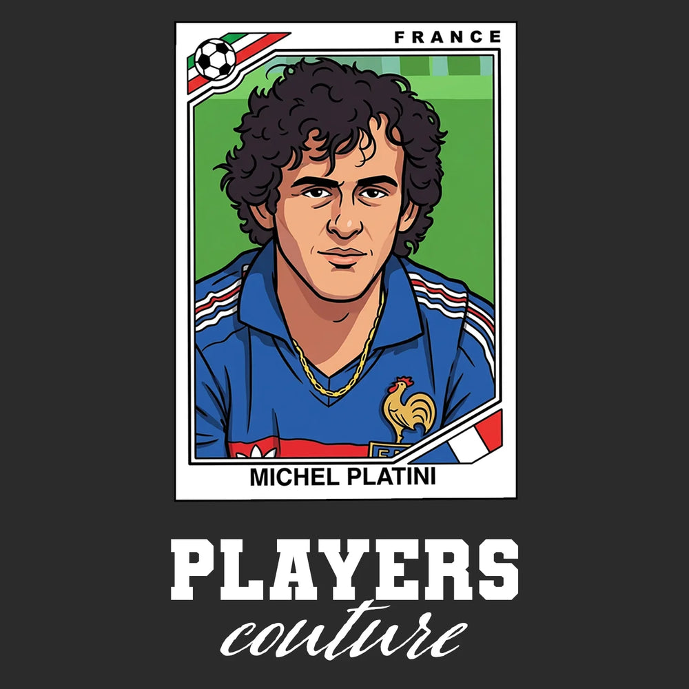 Michel Platini 1986 World Cup Sticker Men's T-Shirt – black close-up detail shot of the Michel Platini 1986 World Cup