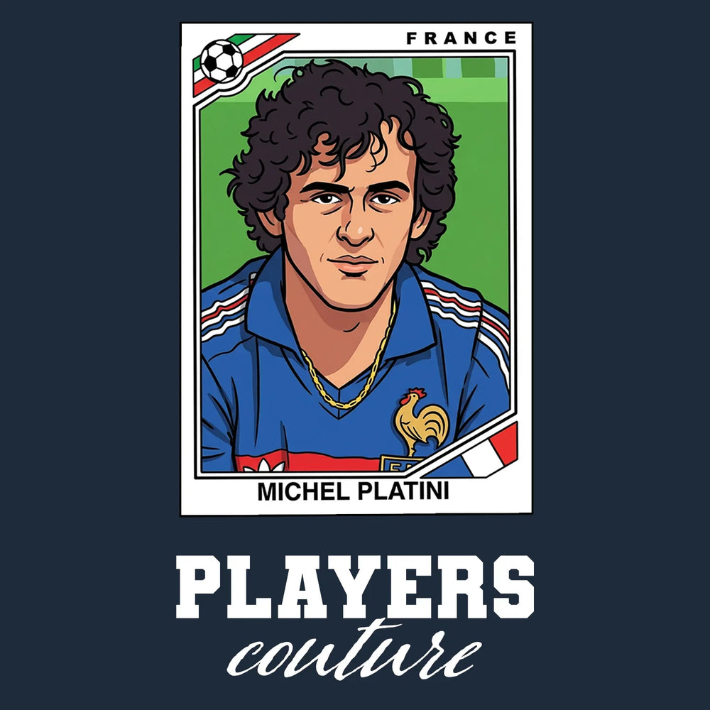 Michel Platini 1986 World Cup Sticker Men's T-Shirt – navy close-up detail shot of the Michel Platini 1986 World Cup Players