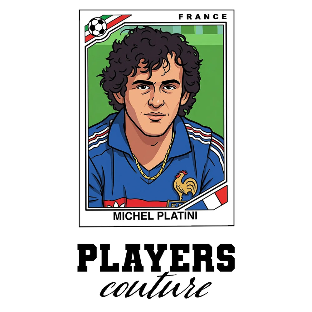 Michel Platini 1986 World Cup Sticker Men's T-Shirt – white close-up detail shot of the Michel Platini Players Couture logo