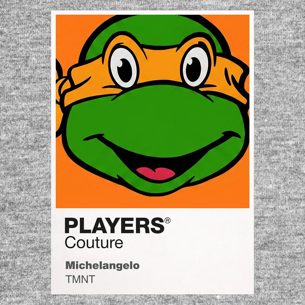 Michelangelo Colour Frame Men's Hoodie – grey close-up detail shot of the Michelangelo Players Couture logo design
