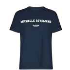 Michelle Agyemang t-shirt – navy men's t-shirt with white Michelle Agyemang letters and Players Couture logo on the chest