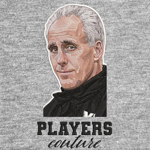 Mick McCarthy Badge Men's Hoodie – grey close-up detail shot of the Mick McCarthy Players Couture logo design