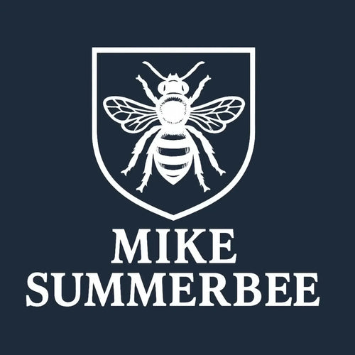 Mike Summerbee Logo Men's T-Shirt – navy close-up detail shot of the Mike Summerbee Players Couture logo design