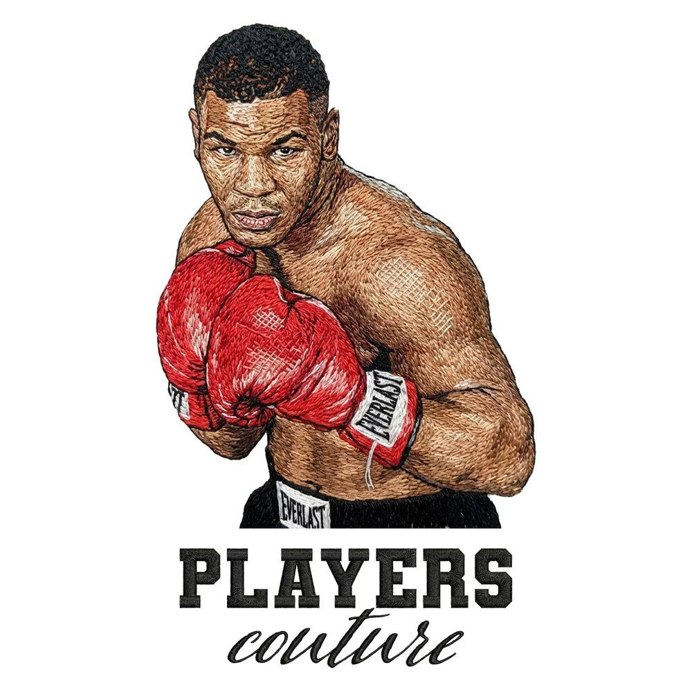 Mike Tyson Badge Men's Hoodie – black close-up detail shot of the Mike Tyson Players Couture logo design