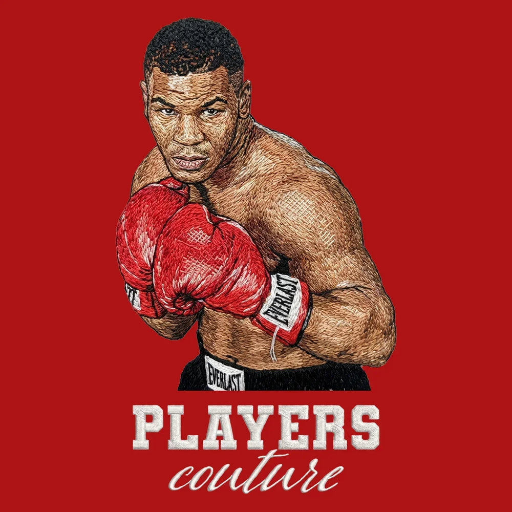 Mike Tyson Badge Men's Hoodie – white close-up detail shot of the Mike Tyson Players Couture logo design