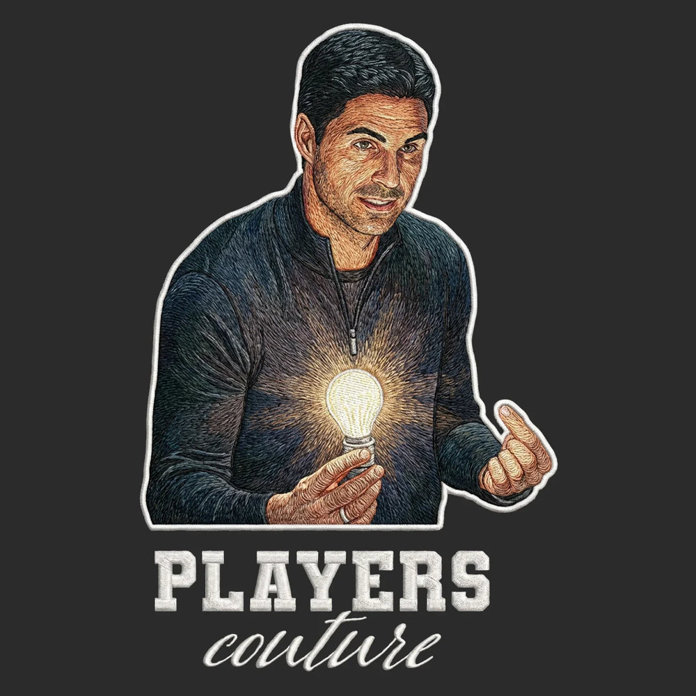 Mikel Arteta Badge Men's Hoodie – white close-up detail shot of the Mikel Arteta Players Couture logo design