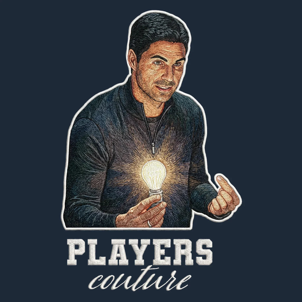 Mikel Arteta Badge Men's Hoodie – white close-up detail shot of the Mikel Arteta Players Couture logo design