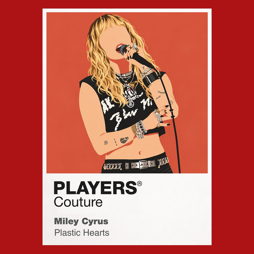 Miley Cyrus the fashion and stage posture connecting Miley Cyrus's pop, country and rock eras Icon Frame artwork in red