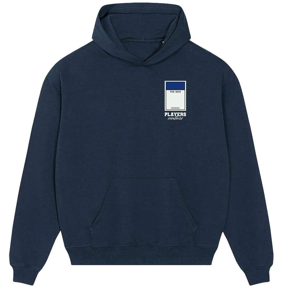 Millwall Monopoly Card hoodie – red men's hoodie with white Millwall Monopoly Card letters and Players Couture logo on the