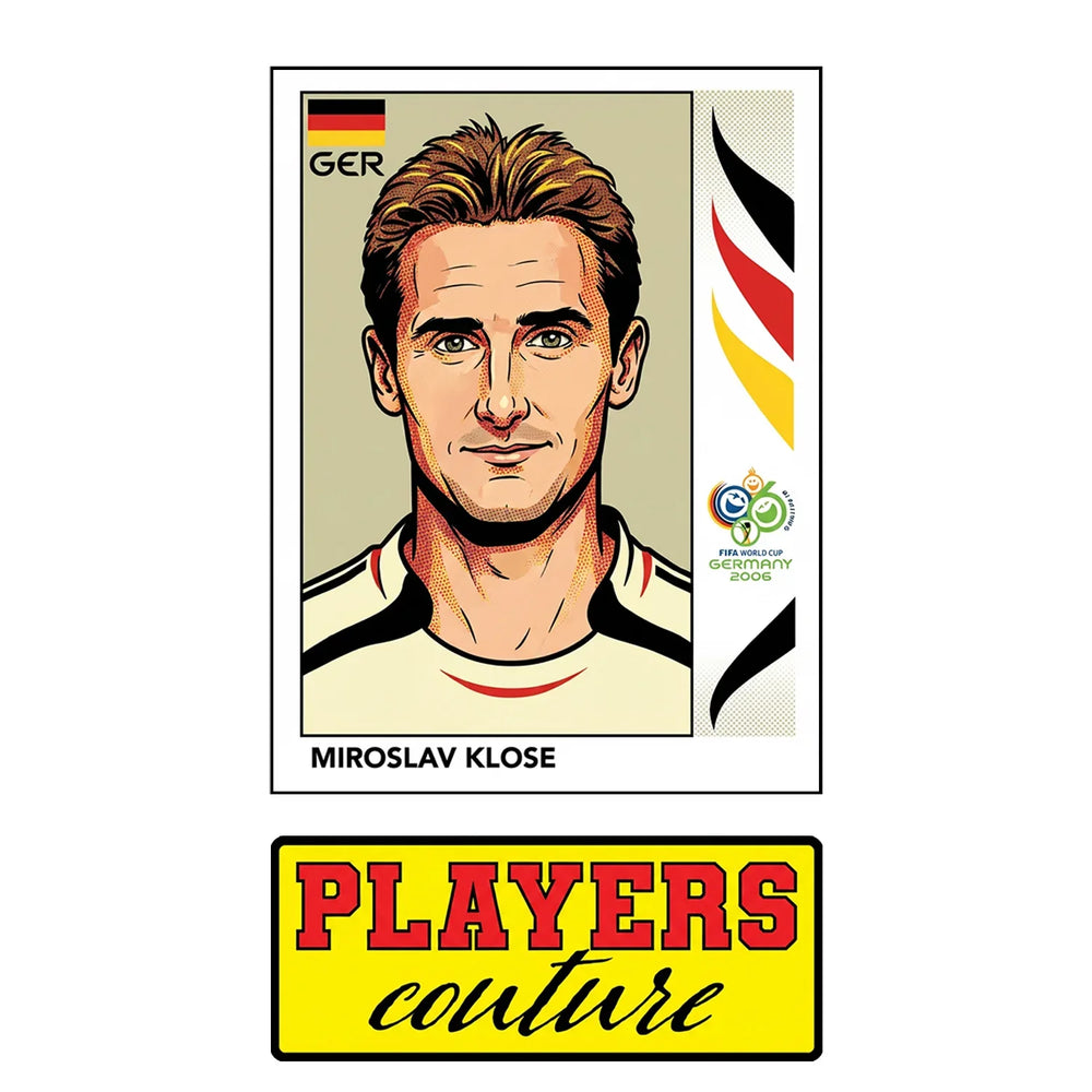 Miroslav Klose World Cup Sticker Men's T-Shirt – close-up detail shot of the Miroslav Klose World Cup Players Couture logo