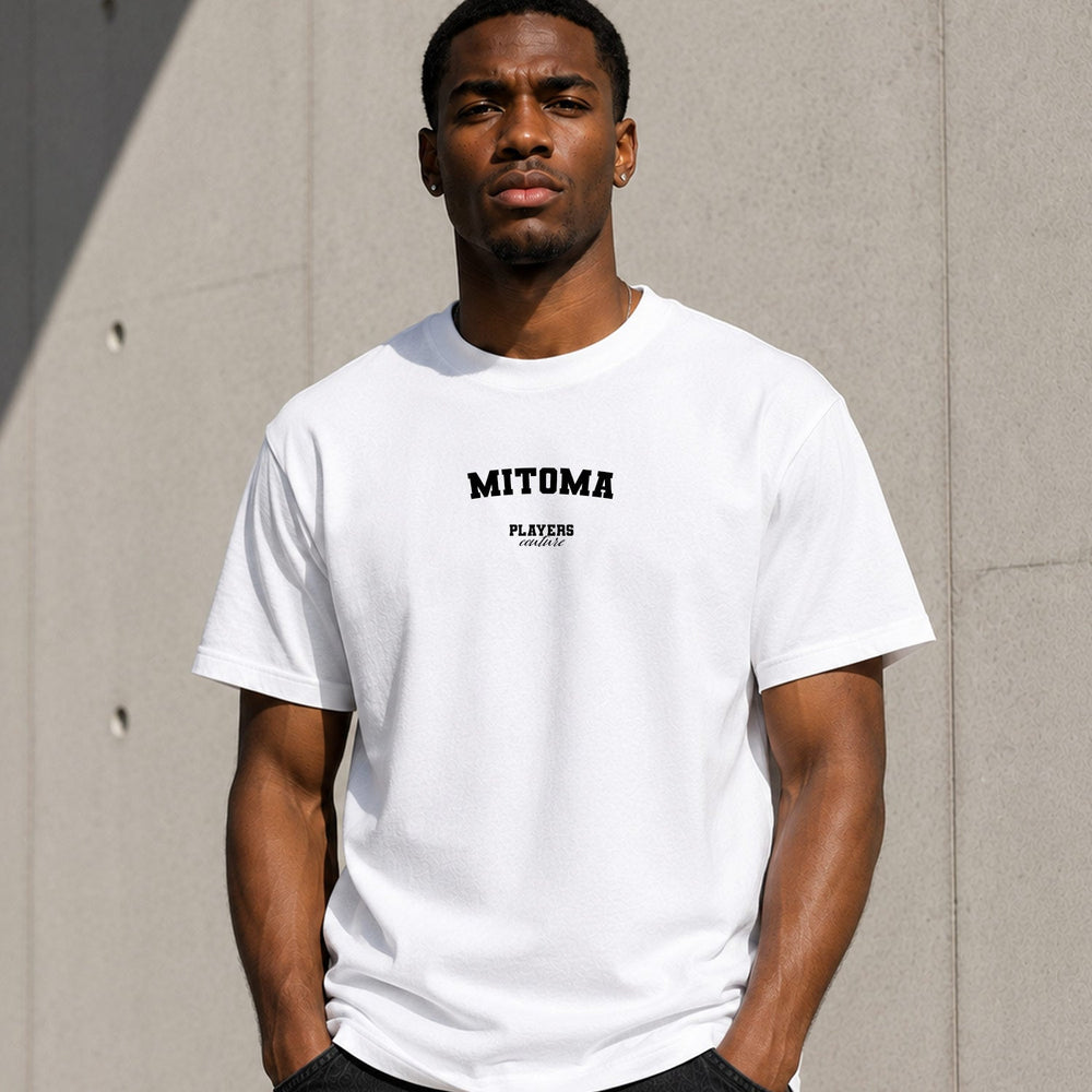Mitoma Men's T-Shirt — lifestyle photo, White t-shirt