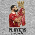 Mo Salah Champion Badge Men's Hoodie – grey close-up detail shot of the Mo Salah Champion Players Couture logo design