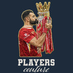 Mo Salah Champion Badge Men's Hoodie – navy close-up detail shot of the Mo Salah Players Couture logo design