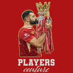 Mo Salah Champion Badge Men's Hoodie – red close-up detail shot of the Mo Salah Champion Players Couture logo design