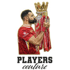 Mo Salah Champion Badge Men's Hoodie – white close-up detail shot of the Mo Salah Champion Players Couture logo design