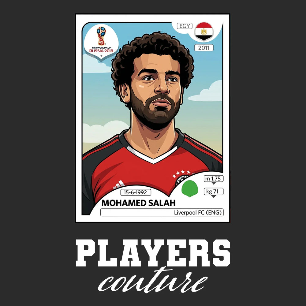 Mohamed Salah World Cup Sticker Men's T-Shirt – black close-up detail shot of the Mohamed Salah World Cup Players Couture