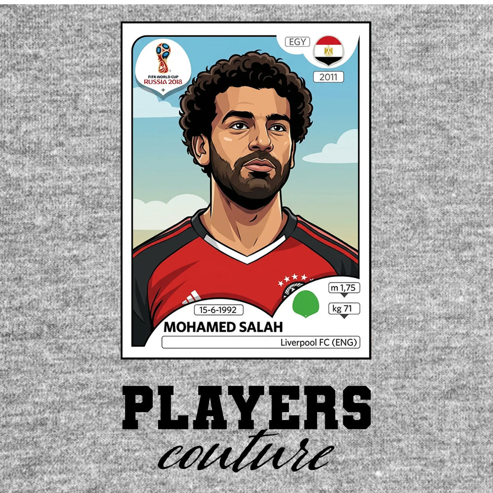 Mohamed Salah World Cup Sticker Men's T-Shirt – grey close-up detail shot of the Mohamed Salah World Cup Players Couture