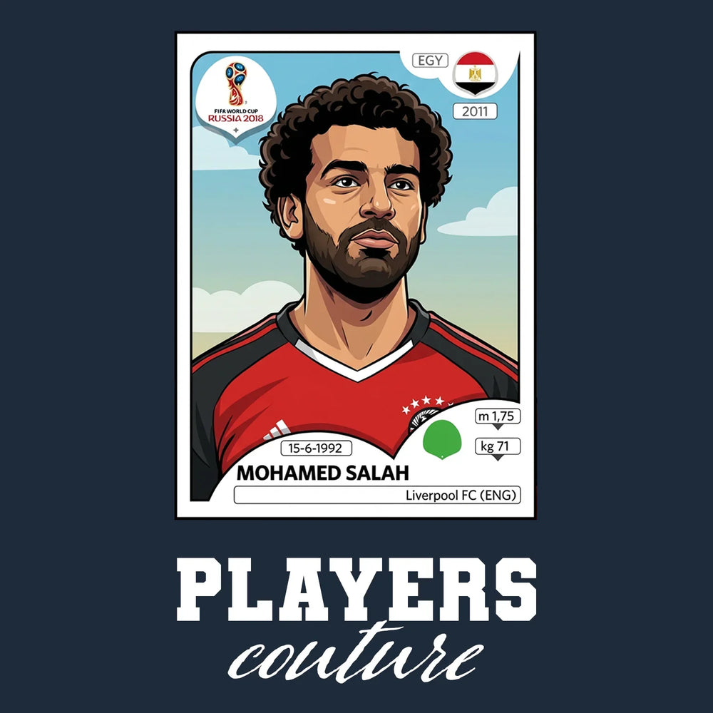 Mohamed Salah World Cup Sticker Men's T-Shirt – navy close-up detail shot of the Mohamed Salah World Cup Players Couture