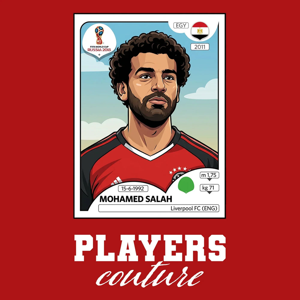 Mohamed Salah World Cup Sticker Men's T-Shirt – red close-up detail shot of the Mohamed Salah World Cup Players Couture logo