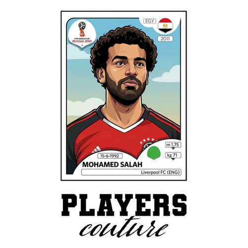 Mohamed Salah World Cup Sticker Men's T-Shirt – white close-up detail shot of the Mohamed Salah Players Couture logo design