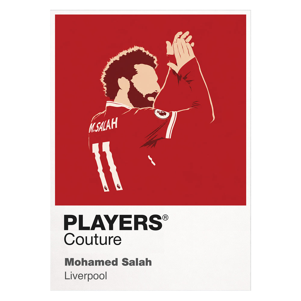Illustration of a soccer player in a red jersey with 'M. Salah' on a red background, featuring the 'Players Couture' brand.