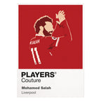 Illustration of a soccer player in a red jersey with 'M. Salah' on a red background, featuring the 'Players Couture' brand.