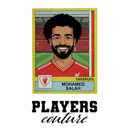 Mohamed Salah Liverpool Classic Sticker Men's T-Shirt – close-up detail shot of the Mohamed Salah Players Couture logo design