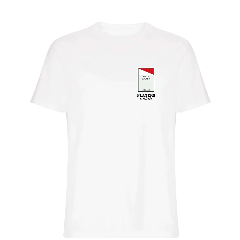 Monaco Monopoly Card t-shirt – navy men's t-shirt with white Monaco Monopoly Card letters and Players Couture logo on the