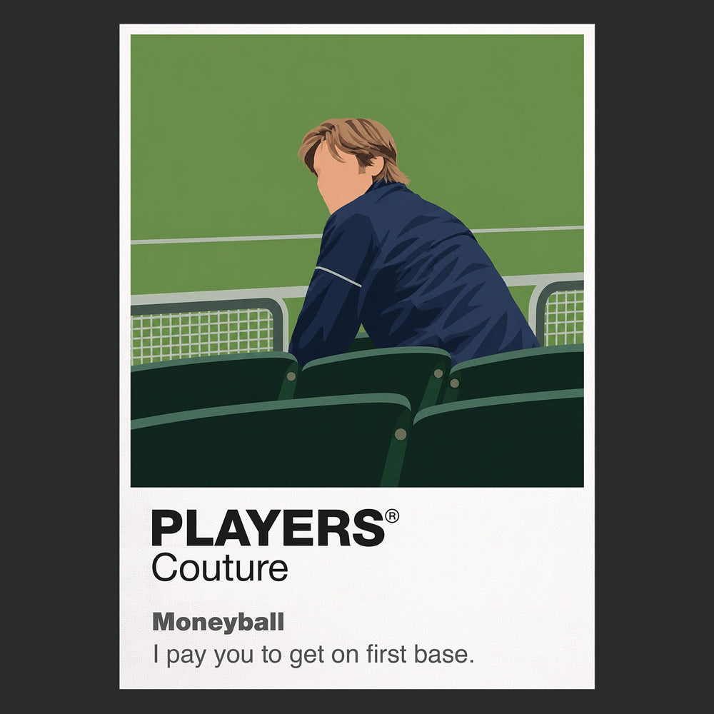 Moneyball Billy Beane in the empty Oakland Coliseum studying the numbers behind a baseball roster Icon Frame artwork in black