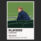 Moneyball Billy Beane in the empty Oakland Coliseum studying the numbers behind a baseball roster Icon Frame artwork in black