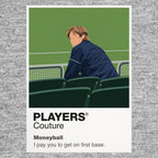 Moneyball Billy Beane in the empty Oakland Coliseum studying the numbers behind a baseball roster Icon Frame artwork in grey
