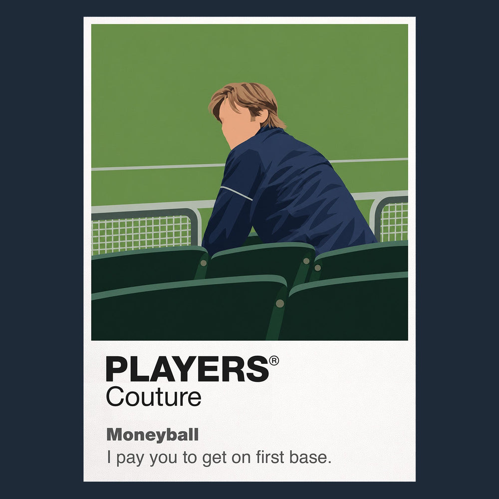 Moneyball Billy Beane in the empty Oakland Coliseum studying the numbers behind a baseball roster Icon Frame artwork in navy