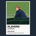 Moneyball Billy Beane in the empty Oakland Coliseum studying the numbers behind a baseball roster Icon Frame artwork in navy