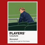Moneyball Billy Beane in the empty Oakland Coliseum studying the numbers behind a baseball roster Icon Frame artwork in red
