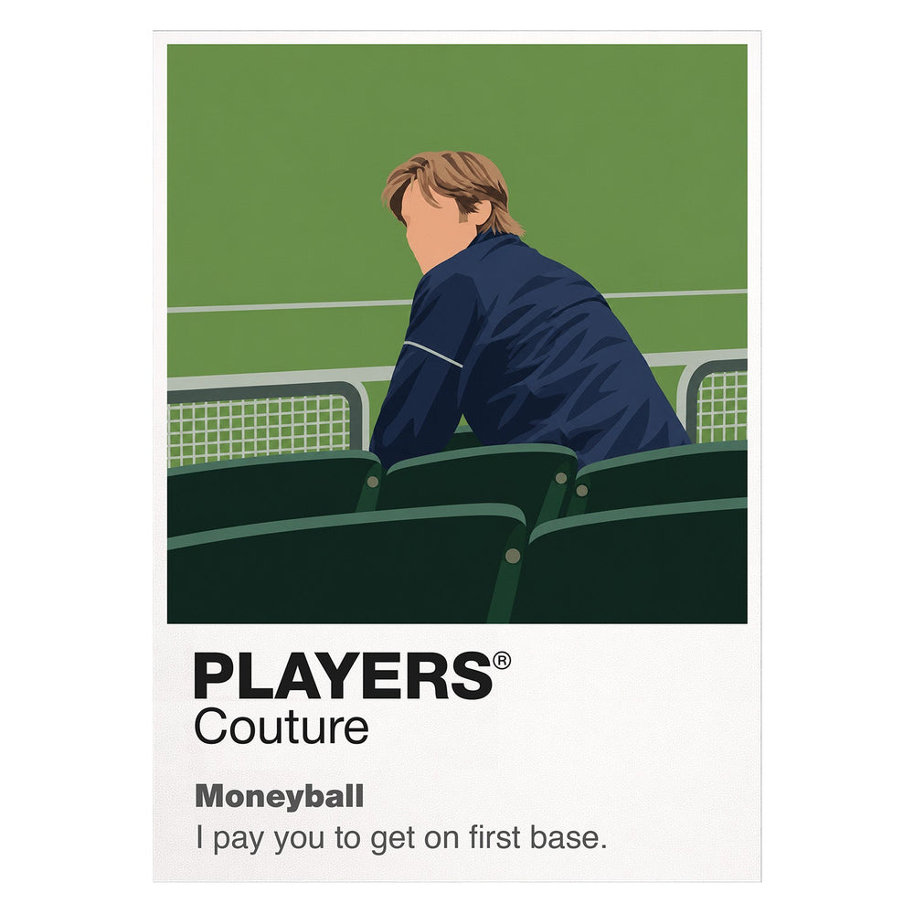 Moneyball Billy Beane in the empty Oakland Coliseum studying the numbers behind a baseball roster Icon Frame artwork on white
