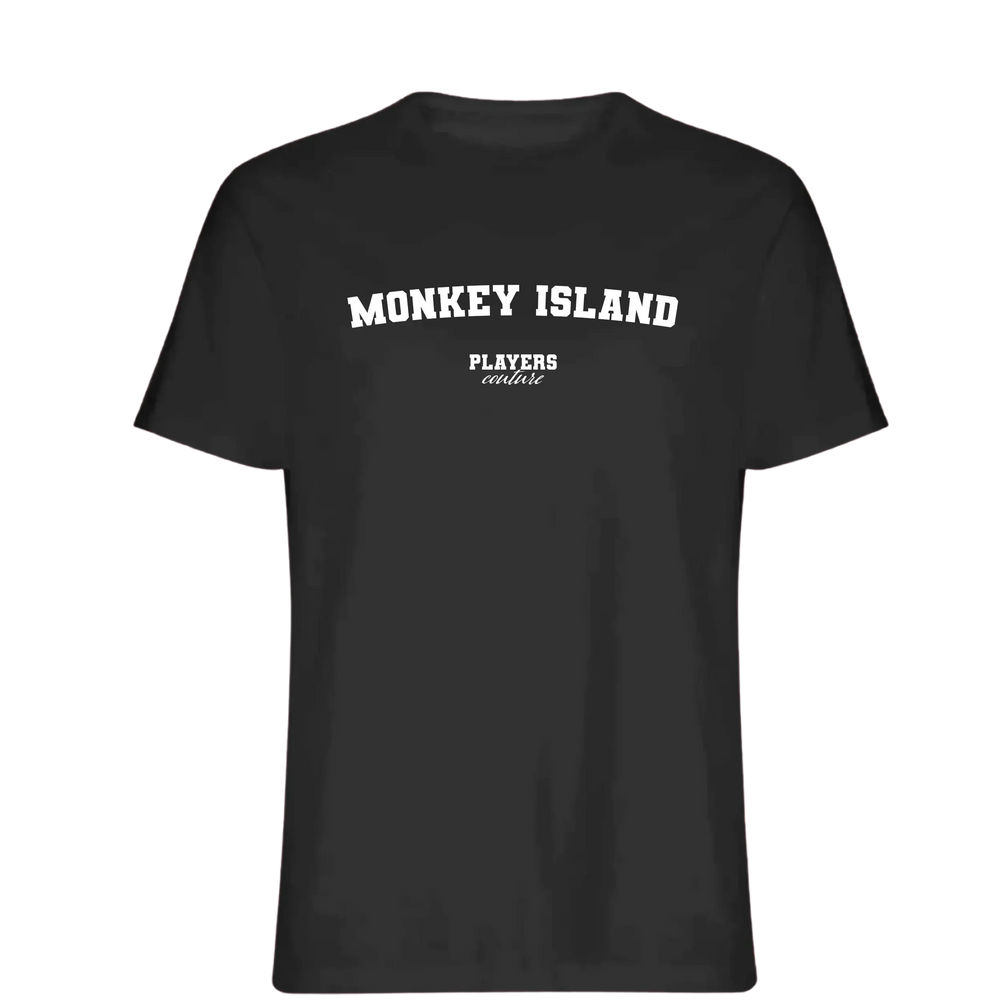 Monkey Island t-shirt – black men's t-shirt with white Monkey Island letters and Players Couture logo on the chest