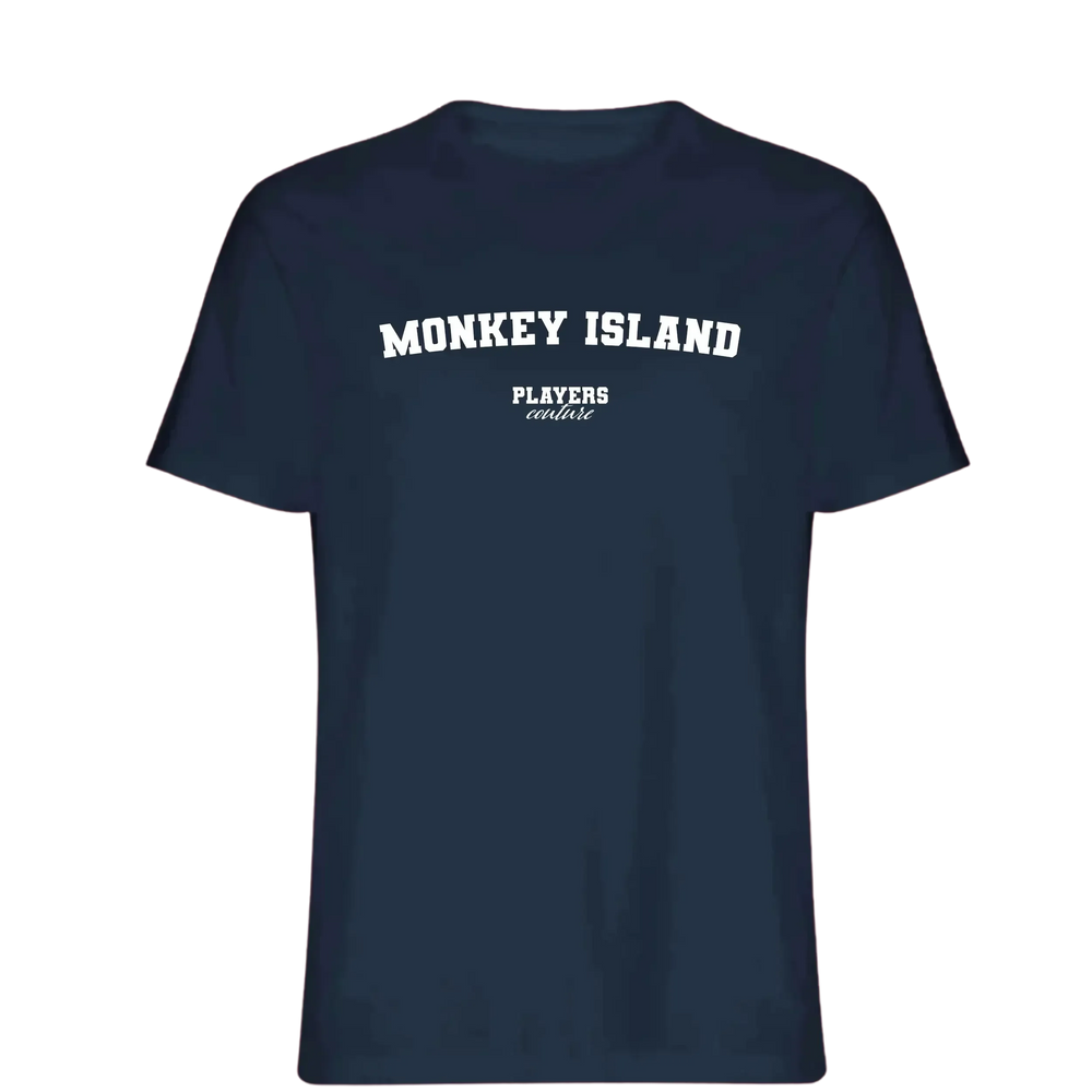 Monkey Island t-shirt – navy men's t-shirt with white Monkey Island letters and Players Couture logo on the chest
