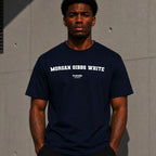 Morgan Gibbs White Men's T-Shirt — lifestyle photo, Navy t-shirt