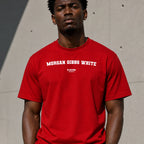 Morgan Gibbs White Men's T-Shirt — lifestyle photo, Red t-shirt