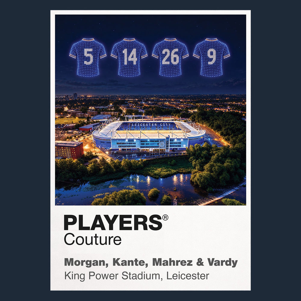 Morgan Kante Mahrez and Vardy Leicester City 2016 champions Icons in Lights Frame artwork in navy