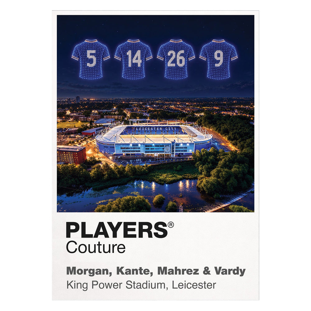 Morgan Kante Mahrez and Vardy Leicester City 2016 champions Icons in Lights Frame artwork in white
