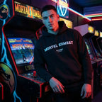Mortal Kombat hoodie – navy men's hoodie with white Mortal Kombat letters and Players Couture logo on the chest
