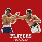 Muhammad Ali Punch Badge Men's Hoodie – red close-up detail shot of the Muhammad Ali Punch Players Couture logo design