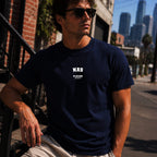Nas Men's T-Shirt — lifestyle photo, Navy t-shirt
