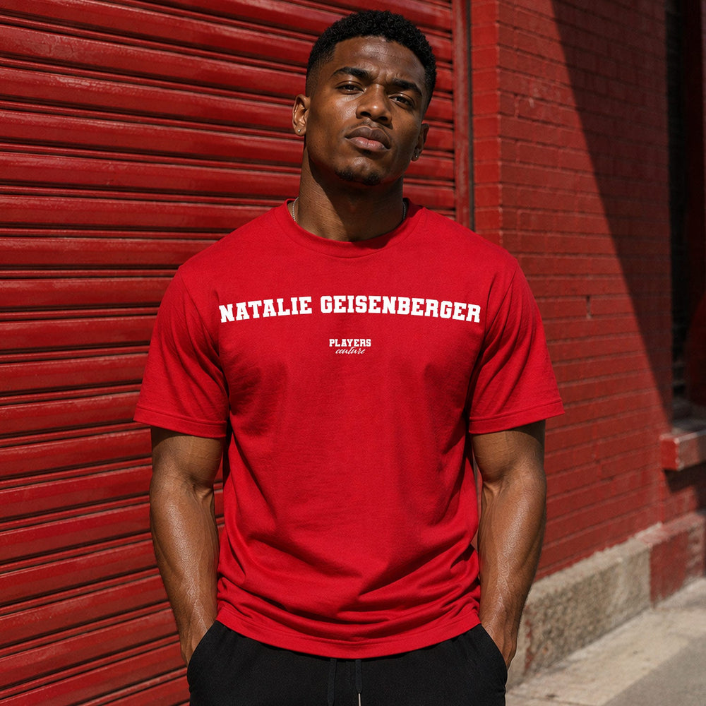 Natalie Geisenberger Men's T-Shirt — lifestyle photo, Red t-shirt