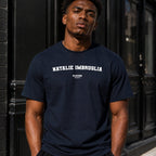 Natalie Imbruglia Men's T-Shirt — lifestyle photo, Navy t-shirt