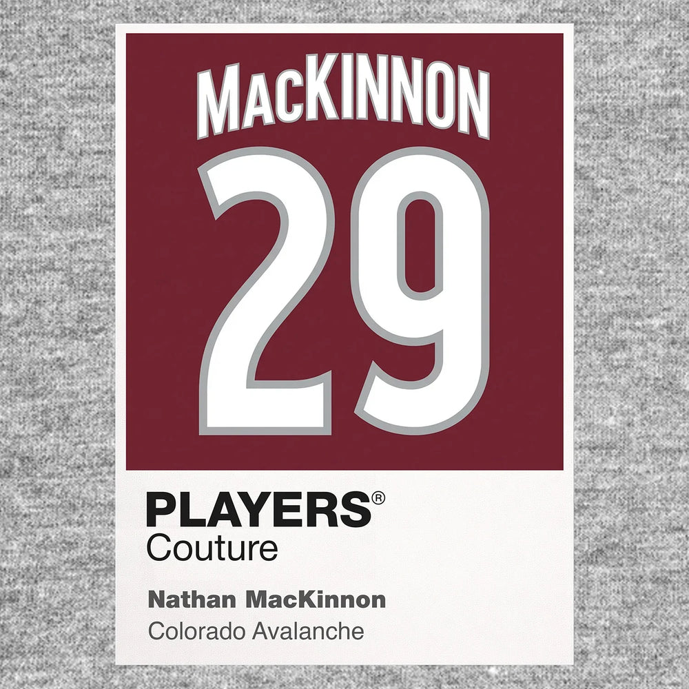 Nathan MacKinnon 29 Jersey Frame Men's T-Shirt – grey close-up detail shot of the Nathan MacKinnon 29 Players Couture logo